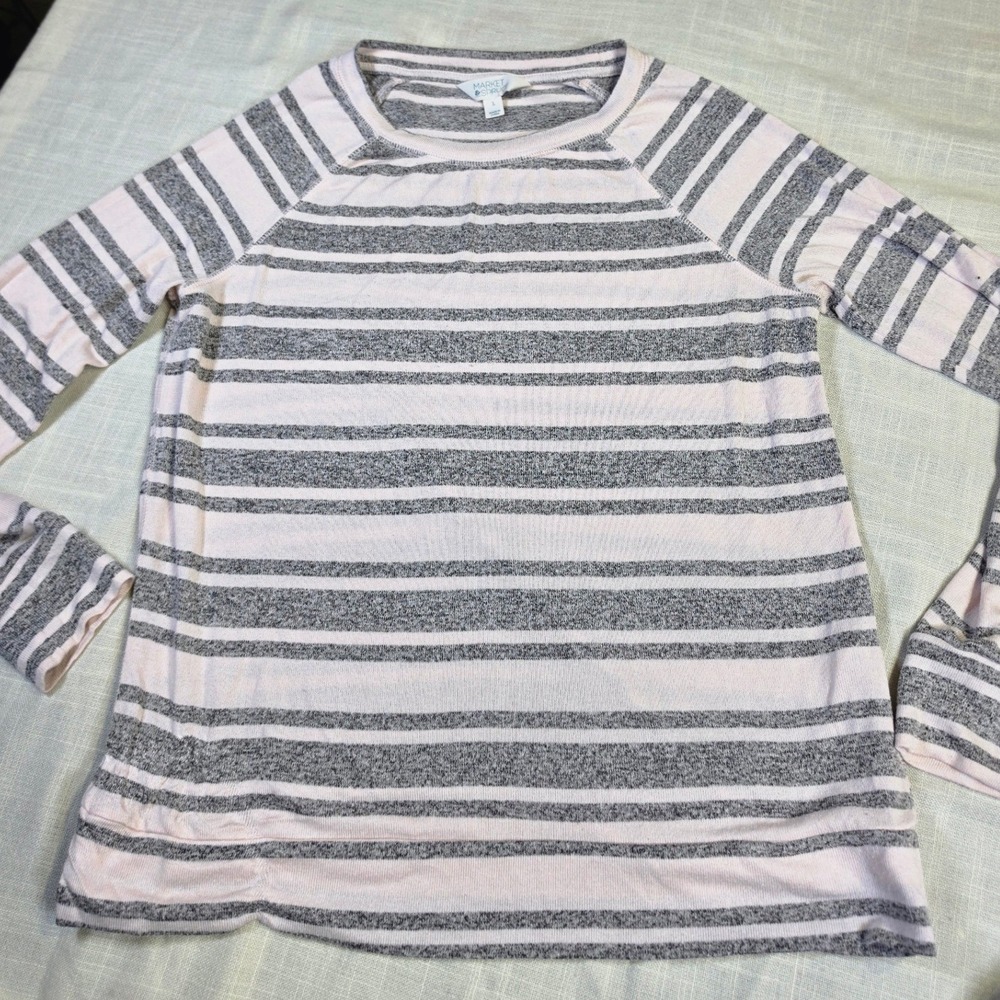 Market & Spruce Womens Pink Grey Striped Raglan Long Sleeve Top Large